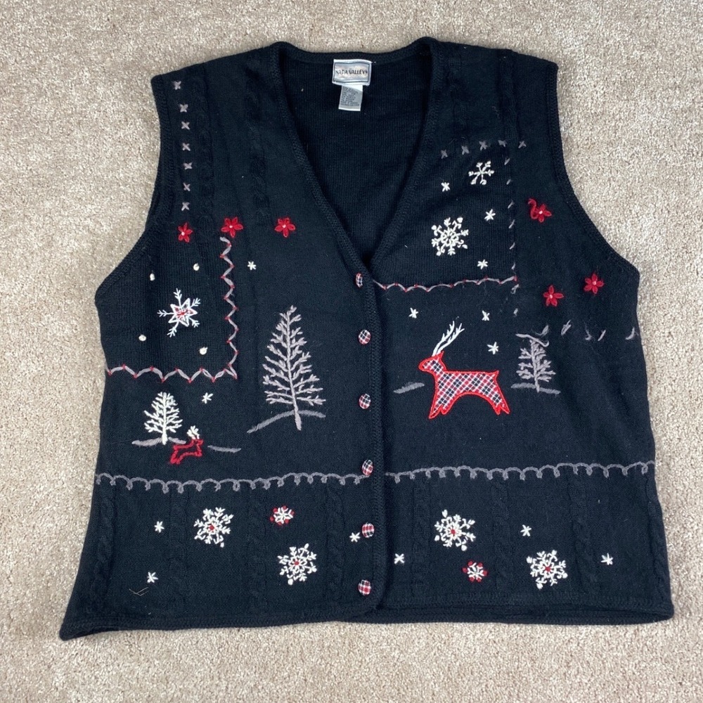 Napa Valley Womens 1X Wool Blend Christmas‎ Sweater Vest Reindeer Snowflakes